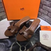 Hermes Slippers Medium Heels Calfskin Leather Brown